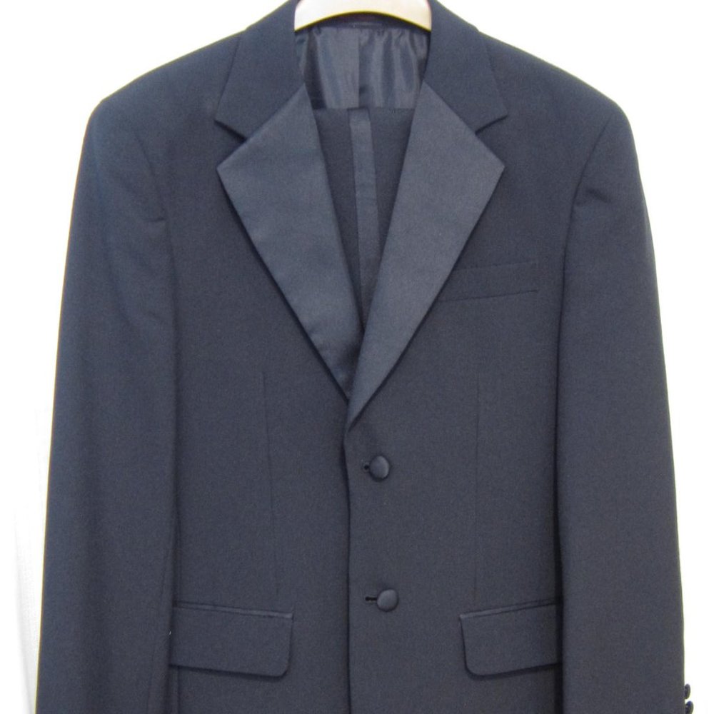 36S Gianni Vironi Black Tuxedo-jacket pants shirt-Prom-proposal-wedding tux suit